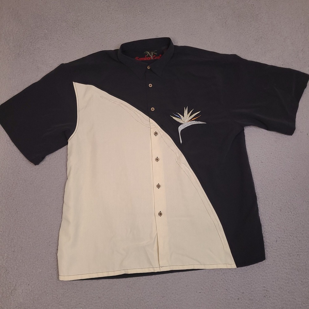 Bamboo Cay Shirt Mens XXL Modal Bird of Paradise Embroidered Black Beige